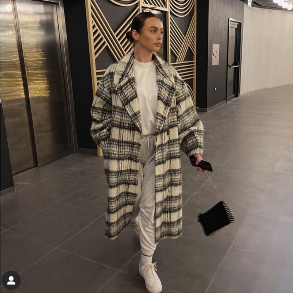 ZARA Black & White Plaid Brushed Wool Oversized Long Wool Coat - Picture 11 of 14
